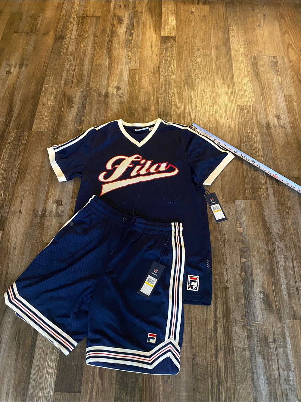Fila Navy Mesh V-Neck Jersey (small)and Matching Shorts with White/Red Trim M